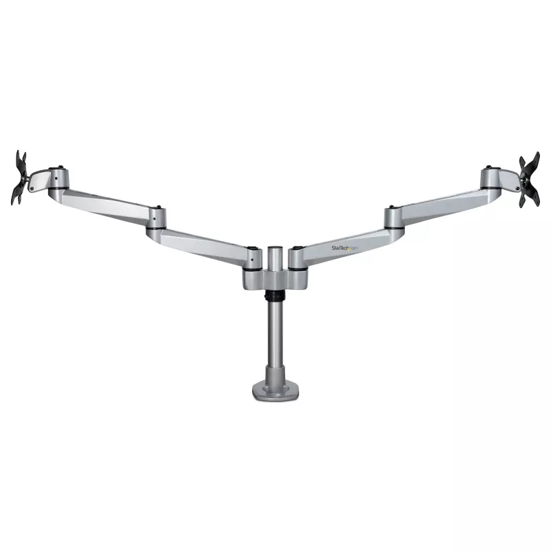 StarTech.com Tischhalterung für zwei Monitore – Premium-Gelenkmonitorarm – bis zu 30 inch VESA-Montagebildschirme – höhenverstellbare Monitorhalterung – drehbar/neigbar/schwenkbar – Klemme/Tischdurchführung – Silber