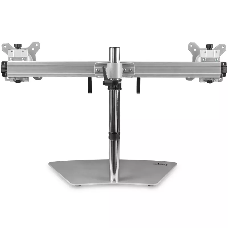 StarTech.com Dual-Monitor-Ständer – Ergonomischer freistehender Dual-Monitor-Tischständer für zwei 24-Zoll-VESA-Monitore – Synchron höhenverstellbar – Doppelter Monitor-Mastmontage – Silber