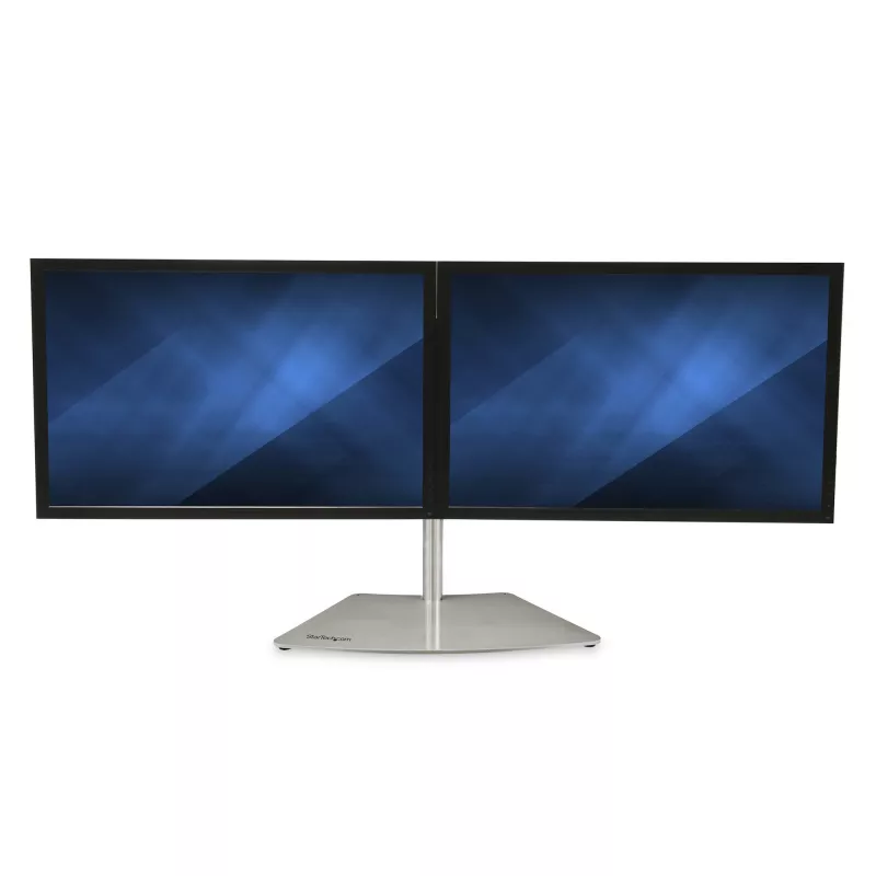 StarTech.com Dual-Monitor-Ständer – Ergonomischer freistehender Dual-Monitor-Tischständer für zwei 24-Zoll-VESA-Monitore – Synchron höhenverstellbar – Doppelter Monitor-Mastmontage – Silber