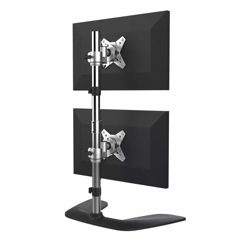 StarTech.com Vertikaler Dual-Monitor-Ständer – Ergonomischer Desktop-Ständer für zwei übereinander montierte Monitore bis 27 Zoll, VESA-Halterung – Freistehende universelle Monitorhalterung – Höhenverstellbar – Silber