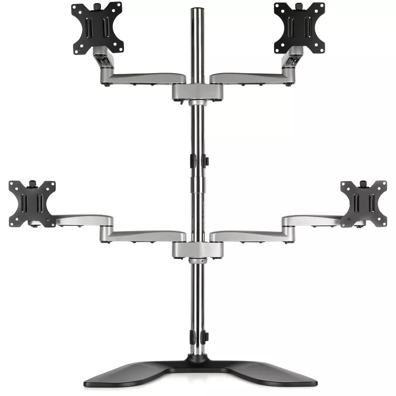 StarTech.com Desktop Quad Monitor Stand - Ergonomischer VESA 4 Monitor Arm (2x2) bis zu 32 Zoll - Freistehend verstellbare universelle Mastmontagehalterung - Höhenverstellbar/Neigbar/Schwenkbar/Drehbar - Silber
