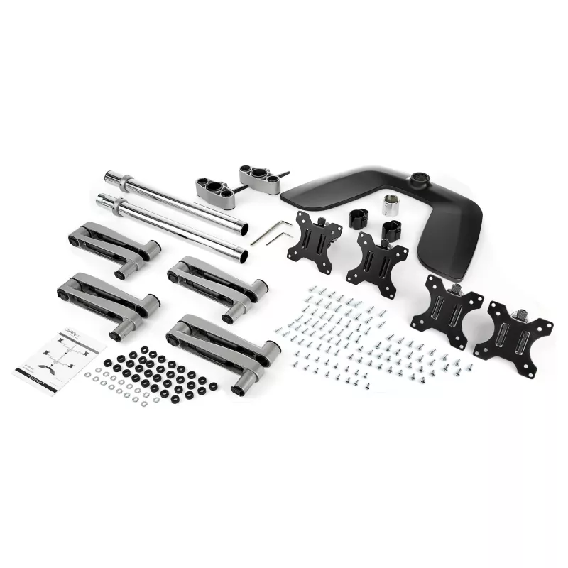 StarTech.com Desktop Quad Monitor Stand - Ergonomischer VESA 4 Monitor Arm (2x2) bis zu 32 Zoll - Freistehend verstellbare universelle Mastmontagehalterung - Höhenverstellbar/Neigbar/Schwenkbar/Drehbar - Silber