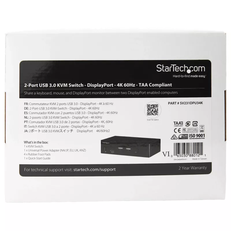 StarTech.com 2-Port DisplayPort KVM-Switch - 4K 60Hz - Einzelbildschirm - Dual-Port UHD DP 1.2 USB KVM-Switch mit integriertem USB 3.0 Hub & Audio - Dell HP Apple Lenovo - TAA-konform