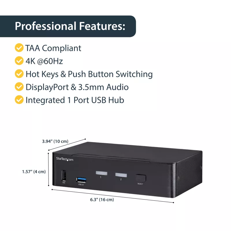 StarTech.com 2-Port DisplayPort KVM-Switch - 4K 60Hz - Einzelbildschirm - Dual-Port UHD DP 1.2 USB KVM-Switch mit integriertem USB 3.0 Hub & Audio - Dell HP Apple Lenovo - TAA-konform