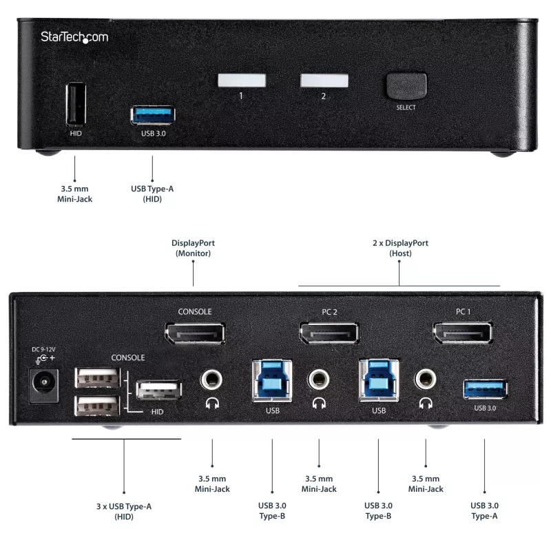 StarTech.com 2-Port DisplayPort KVM-Switch - 4K 60Hz - Einzelbildschirm - Dual-Port UHD DP 1.2 USB KVM-Switch mit integriertem USB 3.0 Hub & Audio - Dell HP Apple Lenovo - TAA-konform