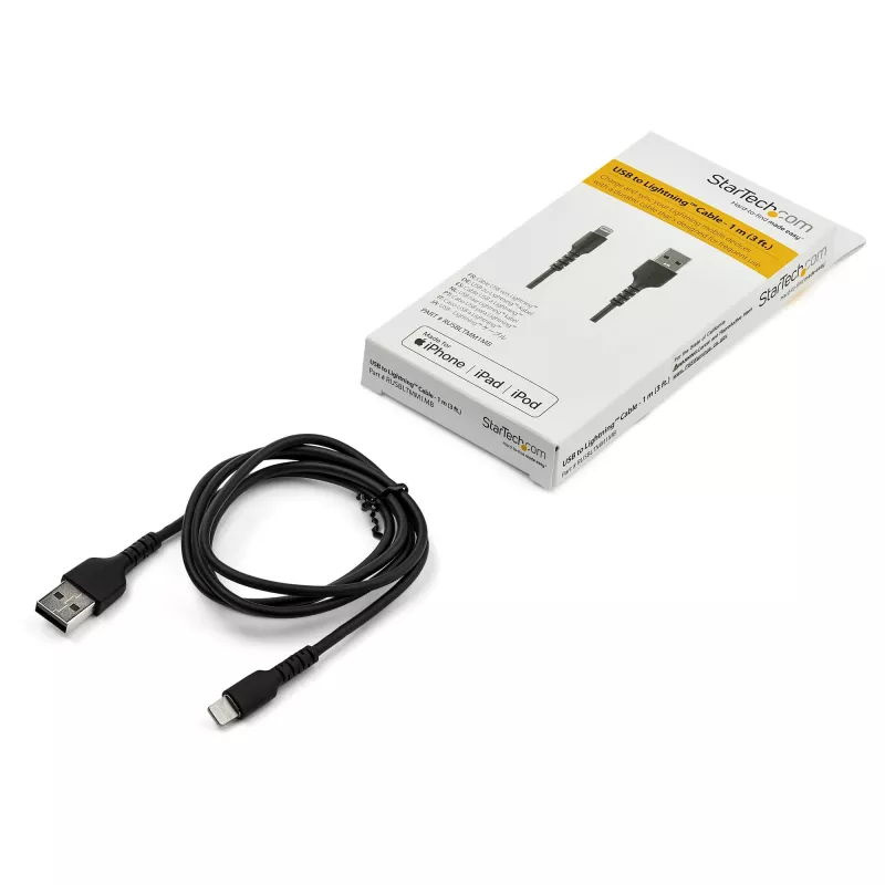 StarTech.com 0,91 m (3 Fuß) robustes schwarzes USB-A-auf-Lightning-Kabel – strapazierfähiges, robustes Aramidfaser-USB-Typ-A-auf-Lightning-Lade-/Sync-Kabel – Apple MFi-zertifiziert für iPad/iPhone 12