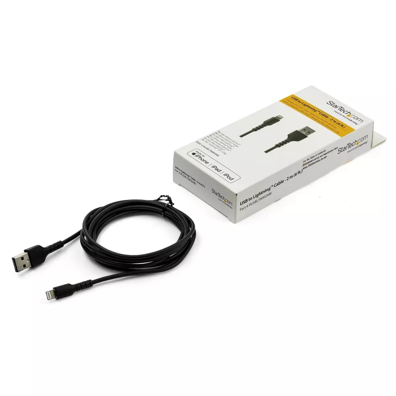 StarTech.com 6 Fuß (2 m) Robustes schwarzes USB-A-auf-Lightning-Kabel – Hochbelastbares, strapazierfähiges Aramidfaser-USB-Typ-A-auf-Lightning-Lade-/Sync-Netzkabel – Apple MFi-zertifiziert für iPad/iPhone 12