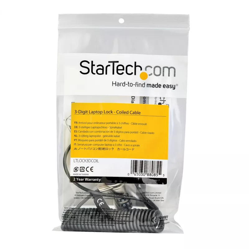 StarTech.com 1,8m selbstaufrollendes Laptop-Kabelschloss – Tragbares 3-stelliges Kombinations-Sicherheitskabelschloss für K-Slot Laptop/Computer/Desktop/Gerät – Aufrollbares Diebstahlschutz-Stahlkabelschloss