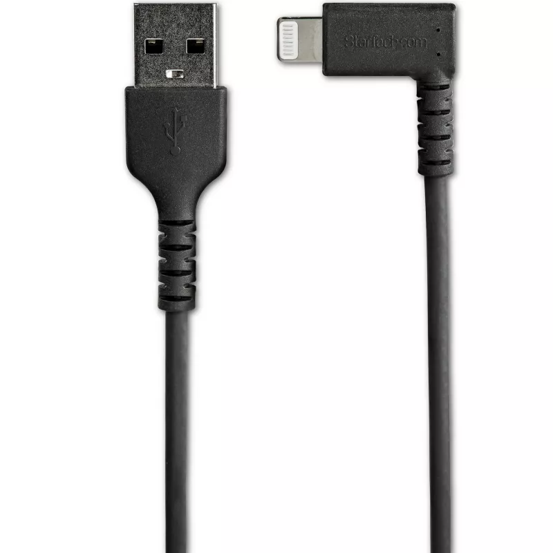 StarTech.com 1 m Robustes USB-A-auf-Lightning-Kabel – Schwarz, 90° abgewinkelt, strapazierfähig, Aramidfaser-verstärkt, USB-Typ-A-auf-Lightning Lade-/Sync-Kabel – Apple MFi-zertifiziert – iPhone
