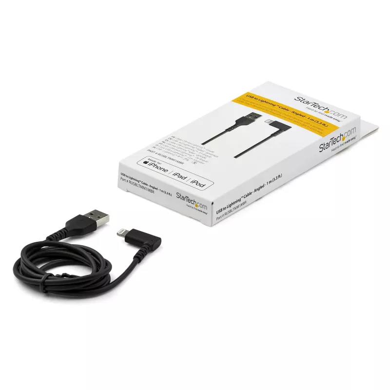 StarTech.com 1 m Robustes USB-A-auf-Lightning-Kabel – Schwarz, 90° abgewinkelt, strapazierfähig, Aramidfaser-verstärkt, USB-Typ-A-auf-Lightning Lade-/Sync-Kabel – Apple MFi-zertifiziert – iPhone