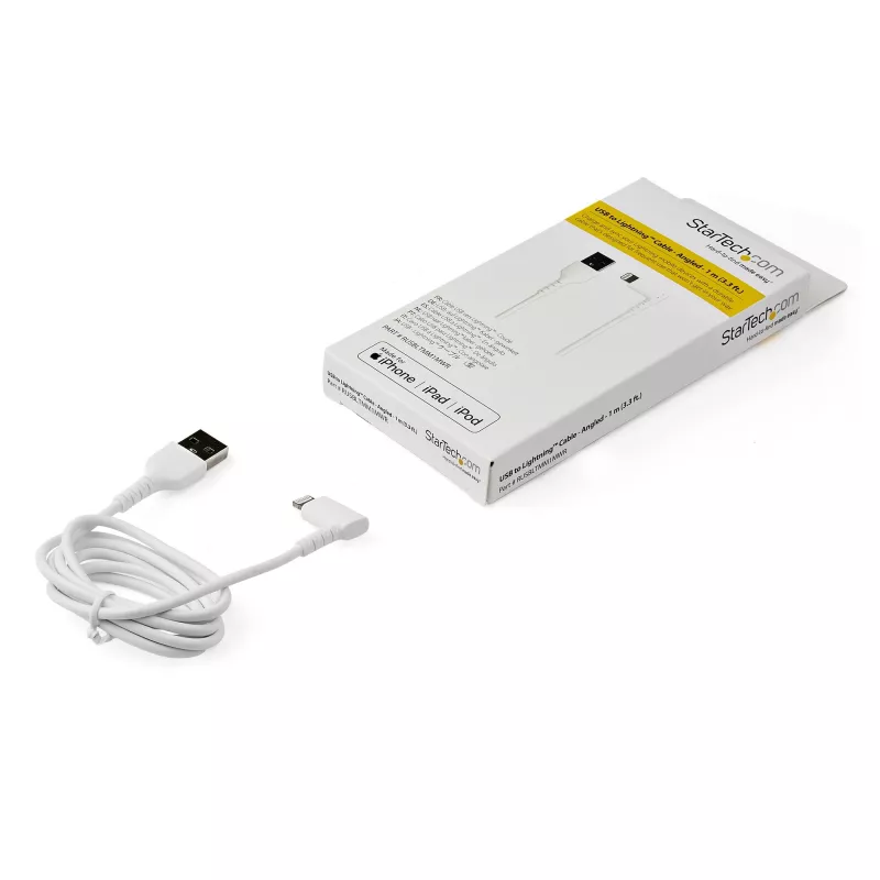 StarTech.com 1 m robustes USB-A-auf-Lightning-Kabel – Weiß 90° abgewinkelt strapazierfähig Aramidfaser USB Typ A auf Lightning Lade-/Sync-Kabel – Apple MFi-zertifiziert – iPhone