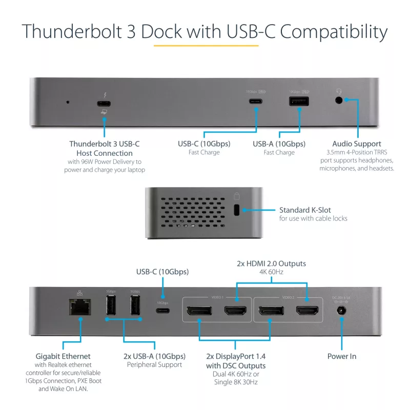 StarTech.com USB C Dockingstation für Macbook Pro/Air-M1/M2/M3/M4, Thunderbolt-kompatibel, HDMI/DisplayPort, Dual 4K 60Hz/Single 8K, USB Typ-C Laptop-Dock, 96W Power Delivery, USB 10Gbps