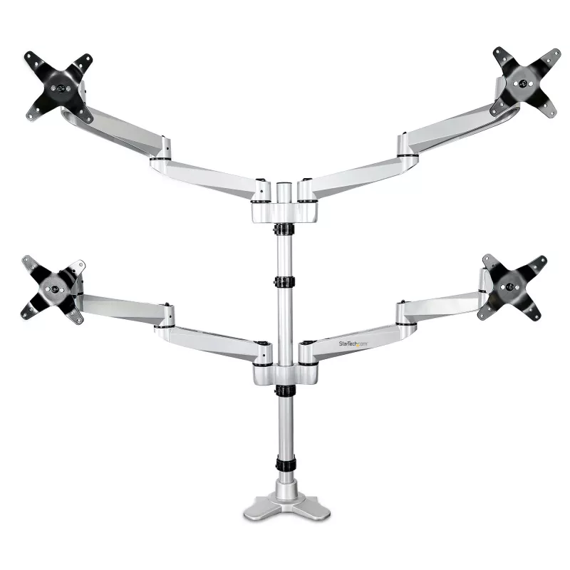 StarTech.com Tischhalterung Quad-Monitorarm – erstklassiger beweglicher 4 Monitor Halterung 2x2 bis 30 Zoll – ergonomische höhenverstellbare Mast-Montage – neigen/schwenken/rotieren – C-Klemme/Tischdurchführung – Silber