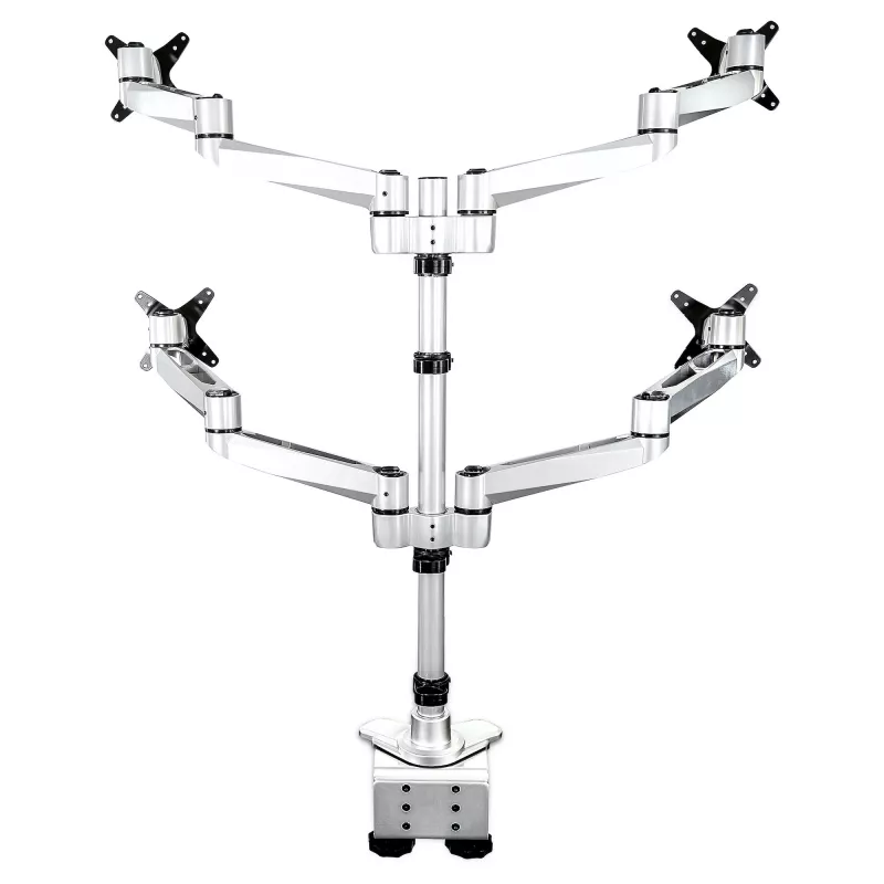 StarTech.com Tischhalterung Quad-Monitorarm – erstklassiger beweglicher 4 Monitor Halterung 2x2 bis 30 Zoll – ergonomische höhenverstellbare Mast-Montage – neigen/schwenken/rotieren – C-Klemme/Tischdurchführung – Silber