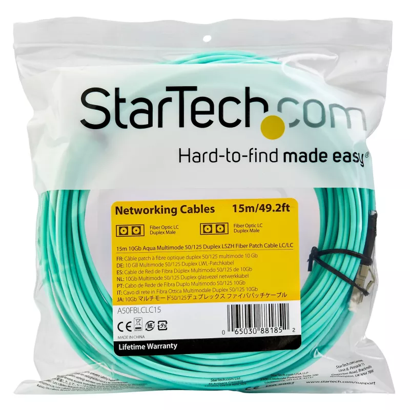 StarTech.com 15m (50ft) LC/UPC auf LC/UPC OM3 Multimode-Glasfaserkabel, Vollduplex, 50/125µm Zipcord-Faserkabel, 100G, geringe Einfügedämpfung, LSZH-Faser-Jumperkabel