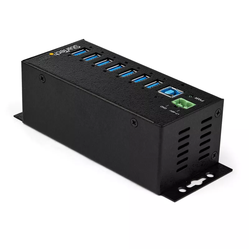 StarTech.com 7-Port USB 3.0 Hub mit Netzteil – Metall-Industrie-USB-A-Hub mit ESD- und 350-W-Überspannungsschutz – DIN-/Wand-/Tischmontage – Hochgeschwindigkeits-USB 3.2 Gen 1 (5 Gbit/s) Hub – TAA