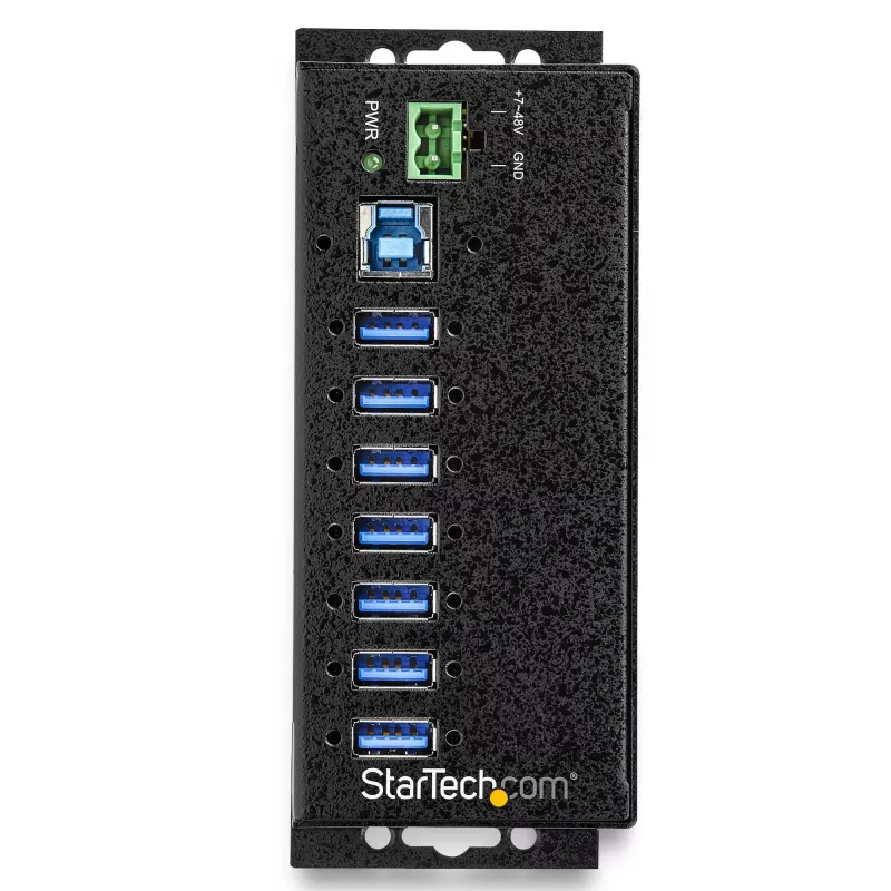 StarTech.com 7-Port USB 3.0 Hub mit Netzteil – Metall-Industrie-USB-A-Hub mit ESD- und 350-W-Überspannungsschutz – DIN-/Wand-/Tischmontage – Hochgeschwindigkeits-USB 3.2 Gen 1 (5 Gbit/s) Hub – TAA