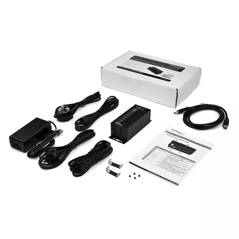 StarTech.com 7-Port USB 3.0 Hub mit Netzteil – Metall-Industrie-USB-A-Hub mit ESD- und 350-W-Überspannungsschutz – DIN-/Wand-/Tischmontage – Hochgeschwindigkeits-USB 3.2 Gen 1 (5 Gbit/s) Hub – TAA