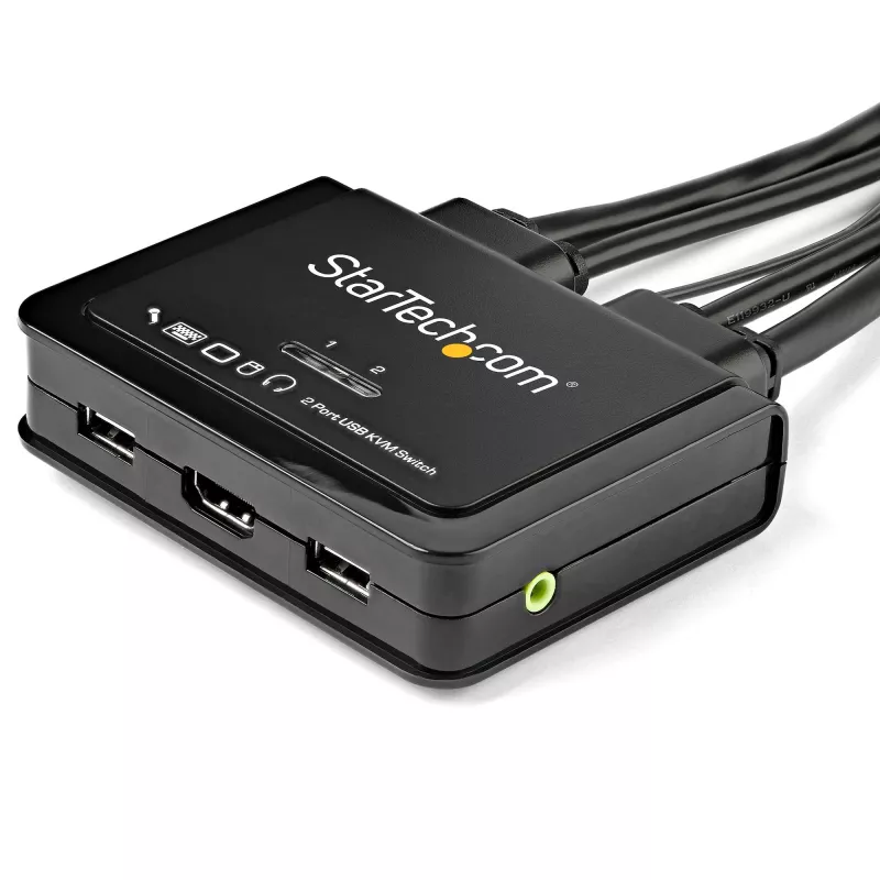 StarTech.com 2-Port HDMI KVM Switch - 4K 60Hz - Kompakter Dual-Port UHD/Ultra HD USB Desktop KVM Switch mit integrierten 1,2-m-Kabeln & Audio - Bus-gespeist & Fernumschaltung - MacBook ThinkPad