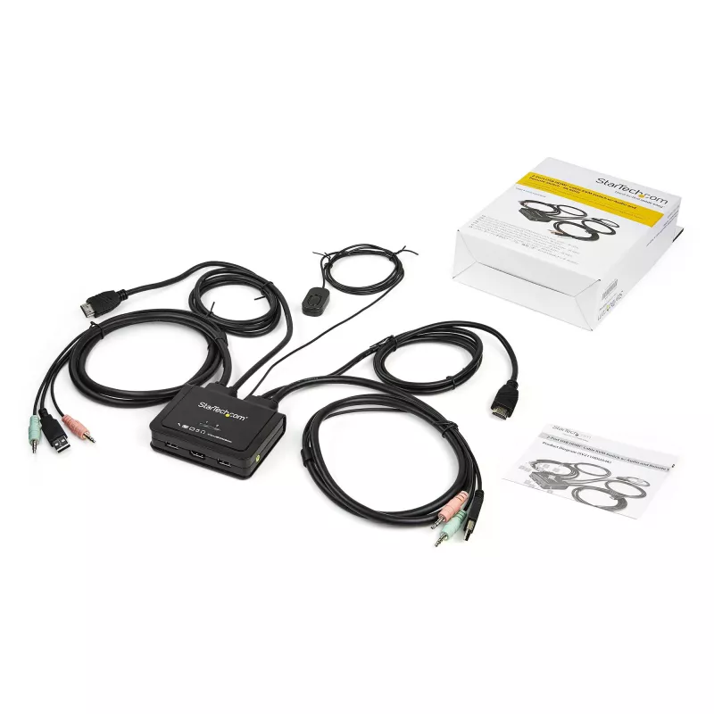 StarTech.com 2-Port HDMI KVM Switch - 4K 60Hz - Kompakter Dual-Port UHD/Ultra HD USB Desktop KVM Switch mit integrierten 1,2-m-Kabeln & Audio - Bus-gespeist & Fernumschaltung - MacBook ThinkPad