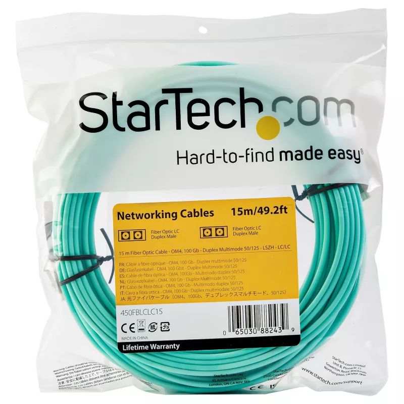 StarTech.com 15m LC/UPC auf LC/UPC OM4 Multimode-Glasfaserkabel, 50/125µm LOMMF/VCSEL Zipcord-Faser, 100G, geringe Einfügedämpfung – LSZH Glasfaser-Jumperkabel