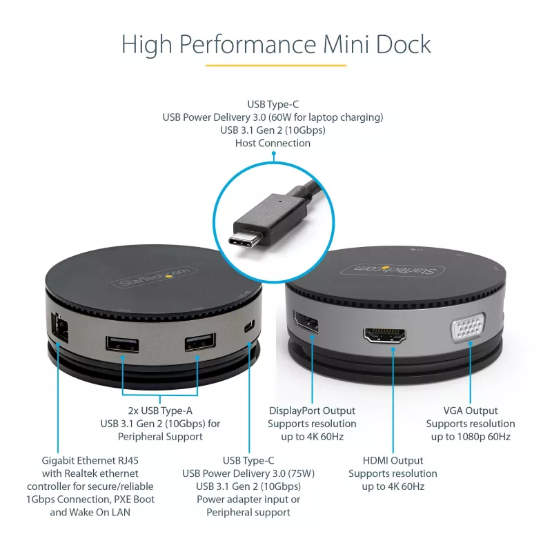 StarTech.com USB-C Multiport-Adapter - USB 3.1 Gen 2 10 Gbit/s Typ-C Mini-Dock mit 4K 60Hz HDMI/DisplayPort oder 1080p VGA - 75 W PD-Durchleitung, 3-Port USB-Hub, GbE - Mobile Dockingstation
