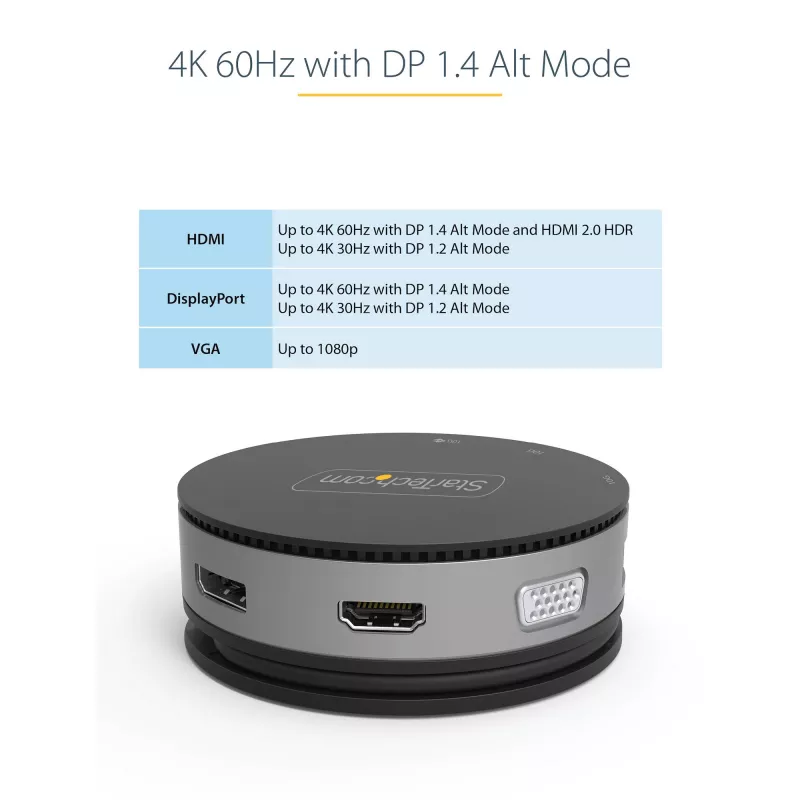 StarTech.com USB-C Multiport-Adapter - USB 3.1 Gen 2 10 Gbit/s Typ-C Mini-Dock mit 4K 60Hz HDMI/DisplayPort oder 1080p VGA - 75 W PD-Durchleitung, 3-Port USB-Hub, GbE - Mobile Dockingstation