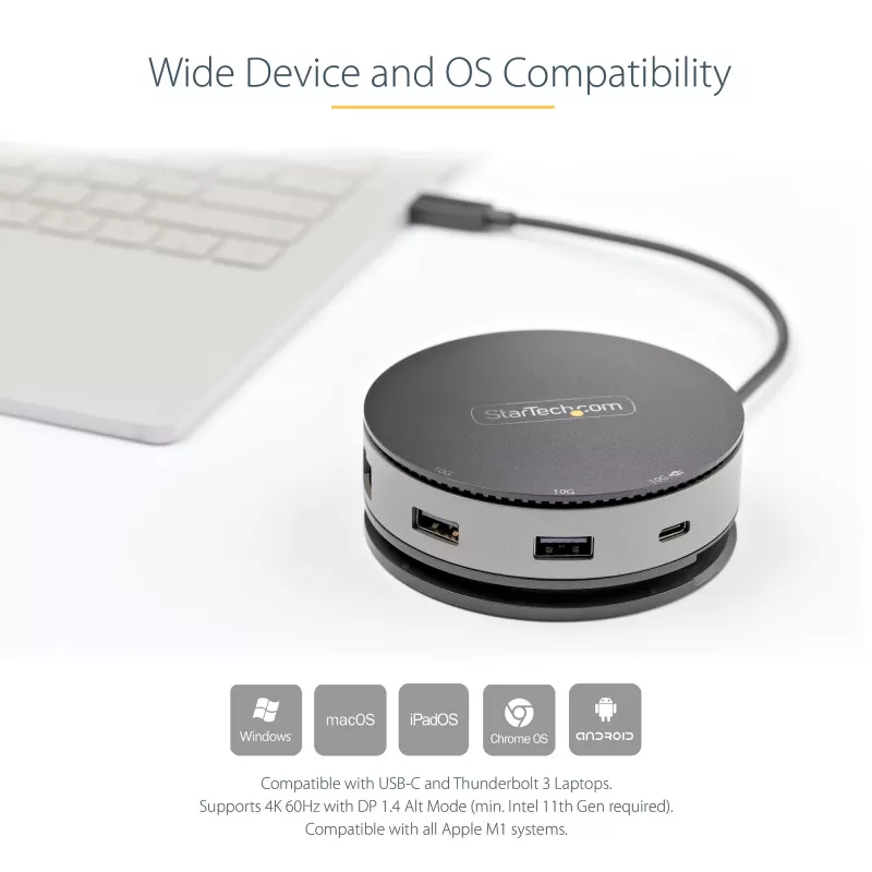 StarTech.com USB-C Multiport-Adapter - USB 3.1 Gen 2 10 Gbit/s Typ-C Mini-Dock mit 4K 60Hz HDMI/DisplayPort oder 1080p VGA - 75 W PD-Durchleitung, 3-Port USB-Hub, GbE - Mobile Dockingstation