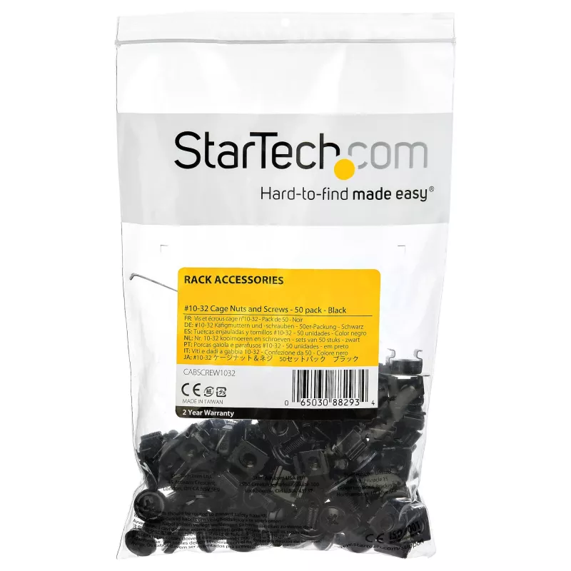 StarTech.com 50er-Pack 10-32 Server-Rack-Käfigmuttern und Schrauben mit Unterlegscheiben – Rack-Montage-Hardware-Kit – Clip/Käfigmuttern & Schrauben für quadratische Löcher – Schwarz – TAA