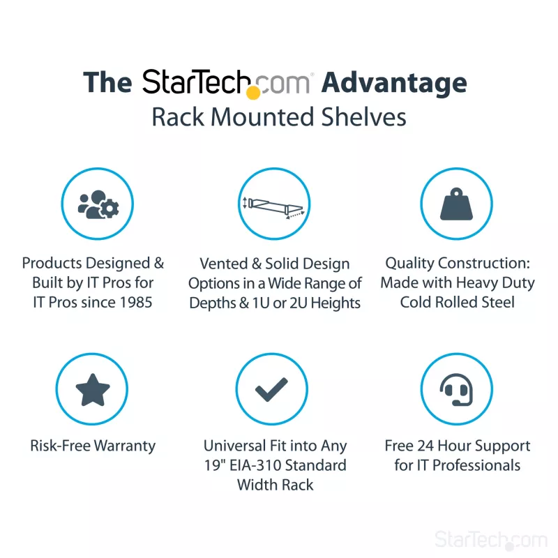 StarTech.com 1U Server-Rack-Regal - Universelles Rack-Montage-Kragarmregal für 19-Zoll-Netzwerkgeräte-Rack & -Schrank - Hochbelastbarer Stahl – Tragfähigkeit 20 kg - 16 Zoll tiefes Tablett, Schwarz