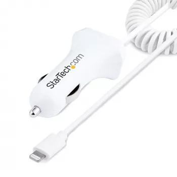 StarTech.com Lightning-Autoladegerät mit Spiralkabel, 1 m Lightning-Spiralkabel, 12 W, Weiß, 2-Port-USB-Autoladeadapter für Telefone und Tablets, Dual-USB-Auto-iPhone-Ladegerät