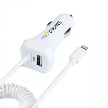 StarTech.com Lightning-Autoladegerät mit Spiralkabel, 1 m Lightning-Spiralkabel, 12 W, Weiß, 2-Port-USB-Autoladeadapter für Telefone und Tablets, Dual-USB-Auto-iPhone-Ladegerät