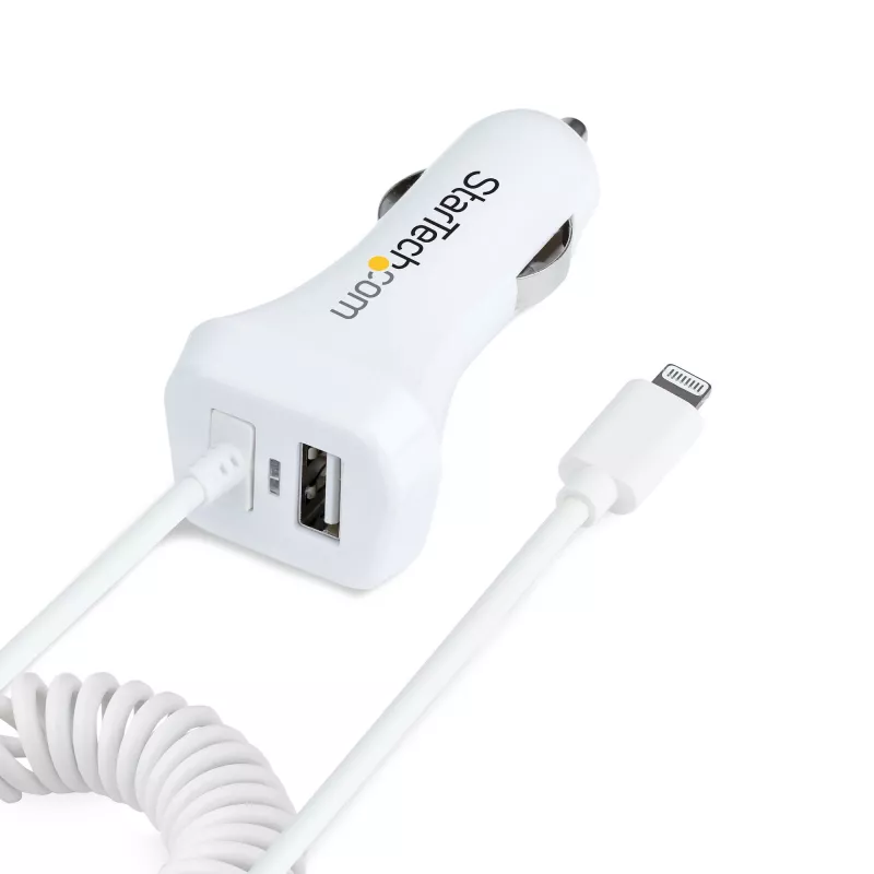 StarTech.com Lightning-Autoladegerät mit Spiralkabel, 1 m Lightning-Spiralkabel, 12 W, Weiß, 2-Port-USB-Autoladeadapter für Telefone und Tablets, Dual-USB-Auto-iPhone-Ladegerät