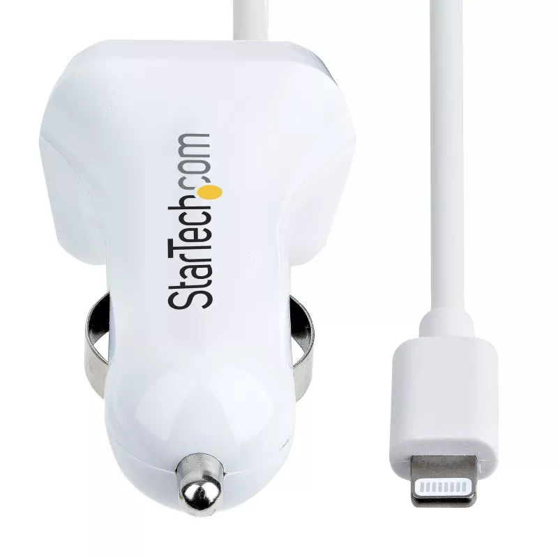 StarTech.com Lightning-Autoladegerät mit Spiralkabel, 1 m Lightning-Spiralkabel, 12 W, Weiß, 2-Port-USB-Autoladeadapter für Telefone und Tablets, Dual-USB-Auto-iPhone-Ladegerät