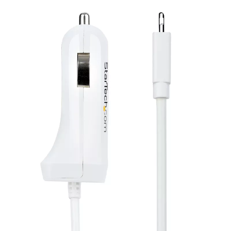 StarTech.com Lightning-Autoladegerät mit Spiralkabel, 1 m Lightning-Spiralkabel, 12 W, Weiß, 2-Port-USB-Autoladeadapter für Telefone und Tablets, Dual-USB-Auto-iPhone-Ladegerät