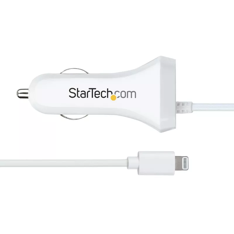 StarTech.com Lightning-Autoladegerät mit Spiralkabel, 1 m Lightning-Spiralkabel, 12 W, Weiß, 2-Port-USB-Autoladeadapter für Telefone und Tablets, Dual-USB-Auto-iPhone-Ladegerät