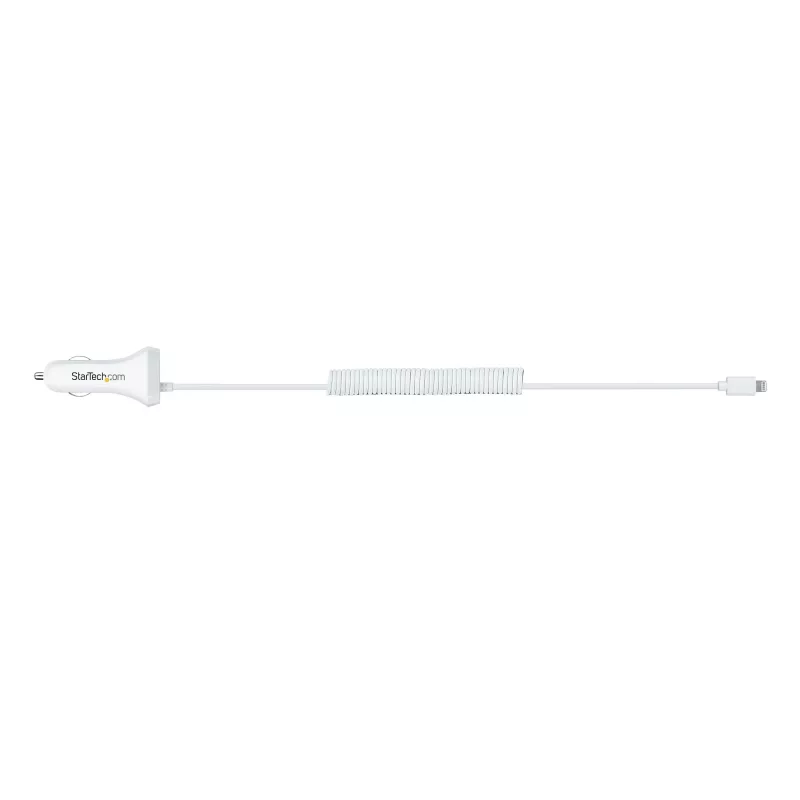StarTech.com Lightning-Autoladegerät mit Spiralkabel, 1 m Lightning-Spiralkabel, 12 W, Weiß, 2-Port-USB-Autoladeadapter für Telefone und Tablets, Dual-USB-Auto-iPhone-Ladegerät