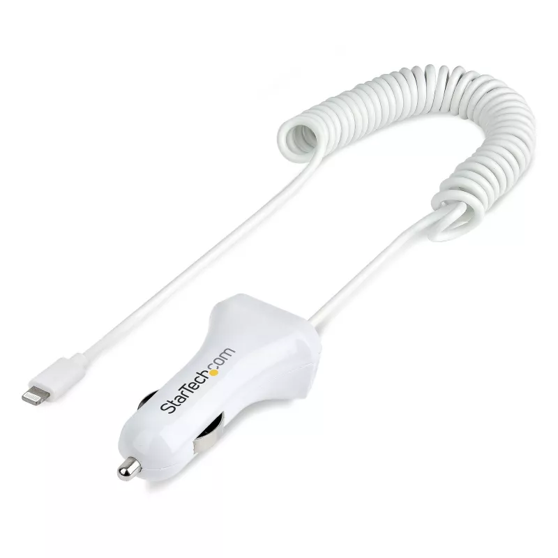 StarTech.com Lightning-Autoladegerät mit Spiralkabel, 1 m Lightning-Spiralkabel, 12 W, Weiß, 2-Port-USB-Autoladeadapter für Telefone und Tablets, Dual-USB-Auto-iPhone-Ladegerät