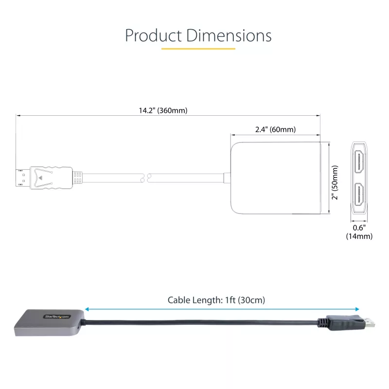 StarTech.com DP auf Dual HDMI MST HUB - Dual HDMI 4K 60Hz - DisplayPort Multi-Monitor-Adapter mit 30 cm Kabel - DP 1.4 Multi Stream Transport Hub, DSC | HBR3 - DP auf HDMI Splitter