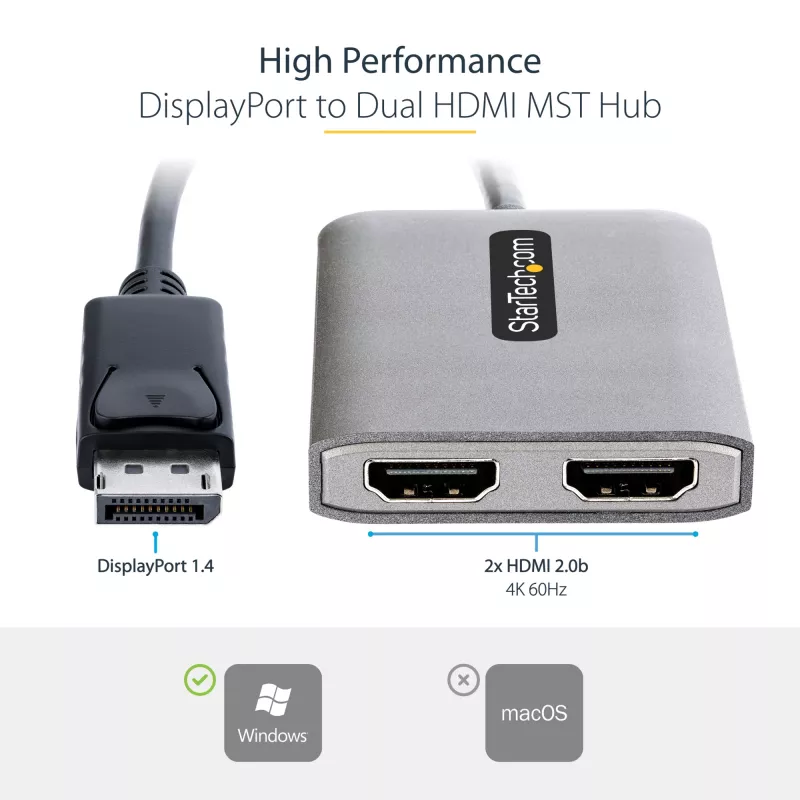StarTech.com DP auf Dual HDMI MST HUB - Dual HDMI 4K 60Hz - DisplayPort Multi-Monitor-Adapter mit 30 cm Kabel - DP 1.4 Multi Stream Transport Hub, DSC | HBR3 - DP auf HDMI Splitter