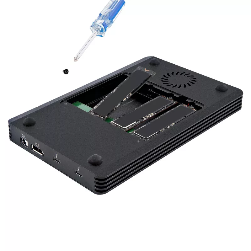 StarTech.com 4 Bay Thunderbolt 3 NVMe Gehäuse, Für M.2 NVMe SSD Laufwerke, 1x DisplayPort Video/ 2x TB3 Downstream Ports, 40 Gbit/s, 72W Netzteil, Externes Festplattengehäuse