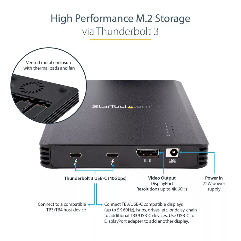 StarTech.com 4 Bay Thunderbolt 3 NVMe Gehäuse, Für M.2 NVMe SSD Laufwerke, 1x DisplayPort Video/ 2x TB3 Downstream Ports, 40 Gbit/s, 72W Netzteil, Externes Festplattengehäuse