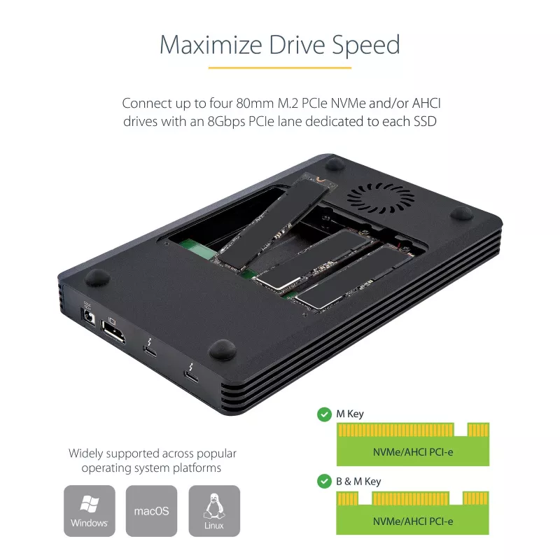 StarTech.com 4 Bay Thunderbolt 3 NVMe Gehäuse, Für M.2 NVMe SSD Laufwerke, 1x DisplayPort Video/ 2x TB3 Downstream Ports, 40 Gbit/s, 72W Netzteil, Externes Festplattengehäuse
