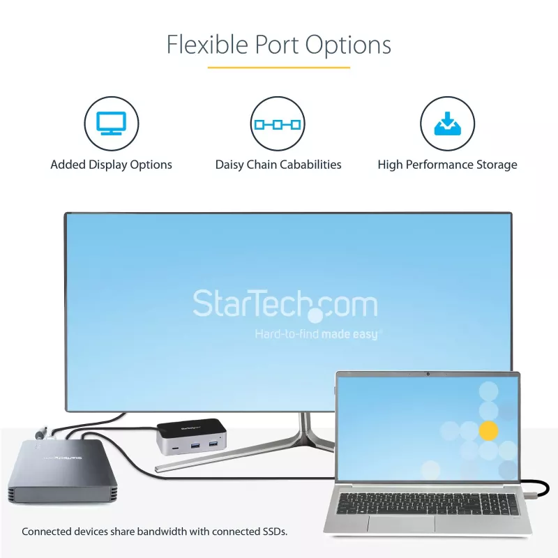 StarTech.com 4 Bay Thunderbolt 3 NVMe Gehäuse, Für M.2 NVMe SSD Laufwerke, 1x DisplayPort Video/ 2x TB3 Downstream Ports, 40 Gbit/s, 72W Netzteil, Externes Festplattengehäuse