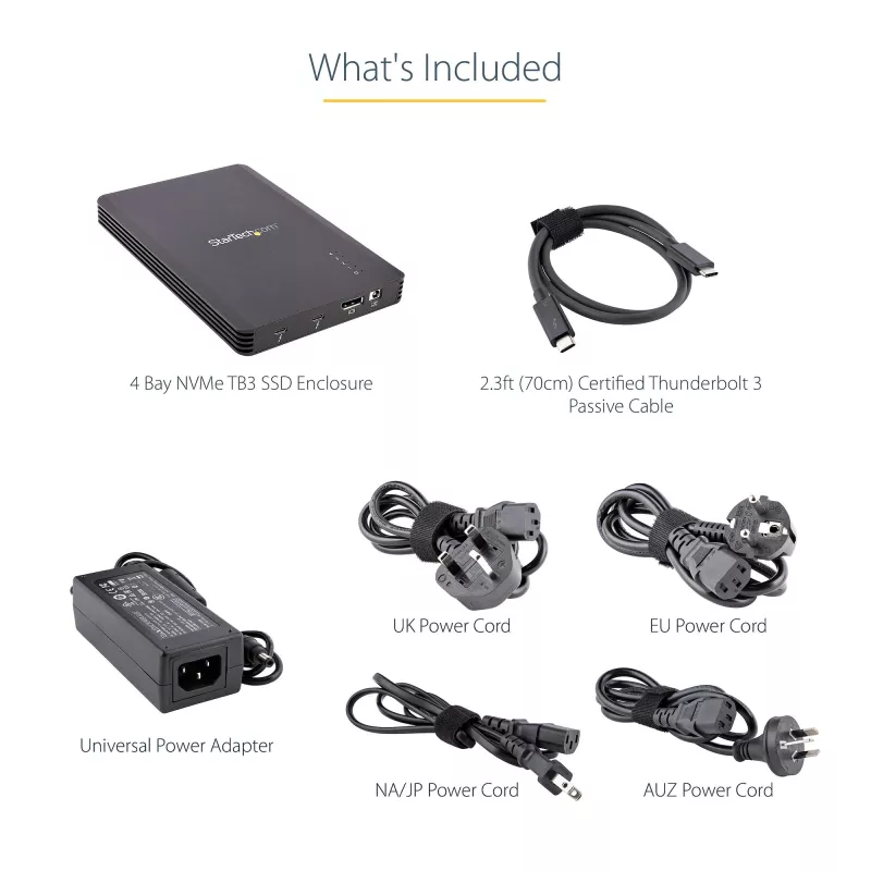 StarTech.com 4 Bay Thunderbolt 3 NVMe Gehäuse, Für M.2 NVMe SSD Laufwerke, 1x DisplayPort Video/ 2x TB3 Downstream Ports, 40 Gbit/s, 72W Netzteil, Externes Festplattengehäuse