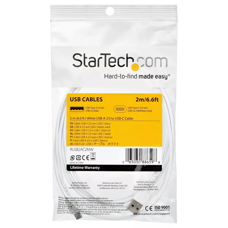 StarTech.com 2m USB-A auf USB-C Ladekabel – Robustes Schnelllade- und Sync-USB-2.0-auf-USB-Typ-C-Datenkabel – Strapazierfähiger TPE-Mantel Aramidfaser M/M 3A Weiß – Samsung S10, iPad Pro, Pixel