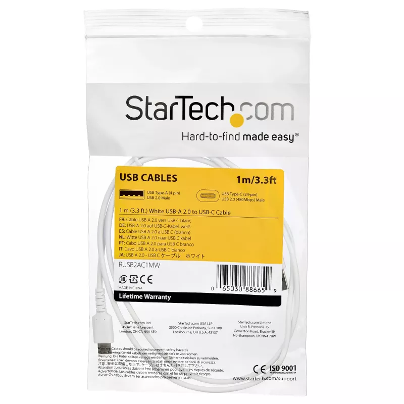 StarTech.com 1m USB-A auf USB-C Ladekabel – Robustes Schnelllade- & Sync-Kabel USB 2.0 auf USB Typ C – Widerstandsfähiger TPE-Mantel mit Aramidfaser M/M 3A Weiß – Samsung S10, iPad Pro, Pixel