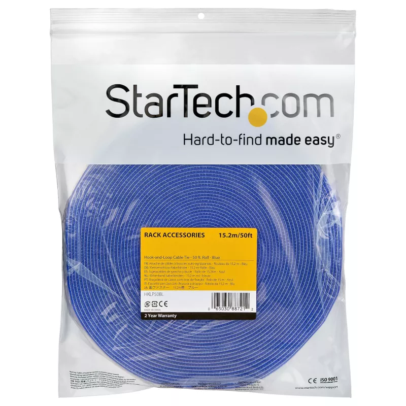 StarTech.com 15,2 m Klettbandrolle – wiederverwendbare Kabelbinder zum Zuschneiden – industrielles Kabelbefestigungsband / verstellbare Textilbänder Blau / selbsthaftende Kabelmanagement-Bänder