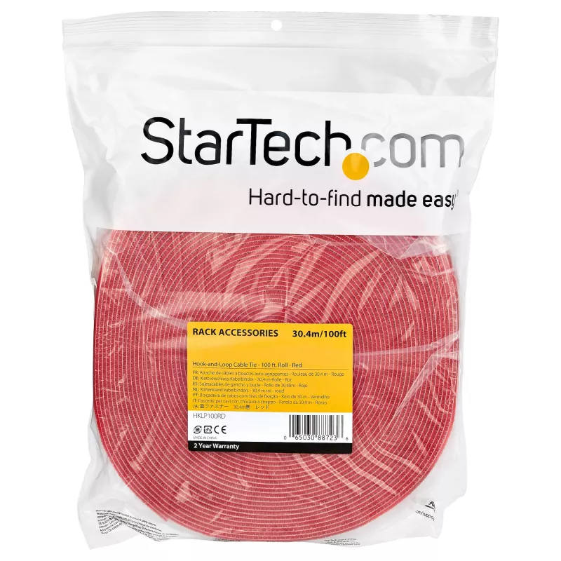 StarTech.com 30,5 m Klettband-Rolle – zuschneidbare wiederverwendbare Kabelbinder – industrielle Kabelbefestigungsband-Rolle / anpassbare Textil-Wraps rot / wiederverwendbare selbsthaftende Kabelmanagement-Bänder