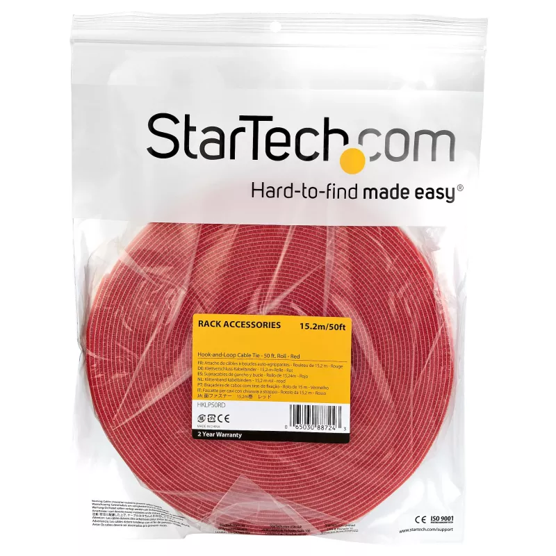 StarTech.com 15,2 m Klettband Rolle – zuschneidbare wiederverwendbare Kabelbinder – industrieller Kabelbefestigungsstreifen / verstellbare Stoffbänder Rot / selbsthaftende Kabelmanagementbänder